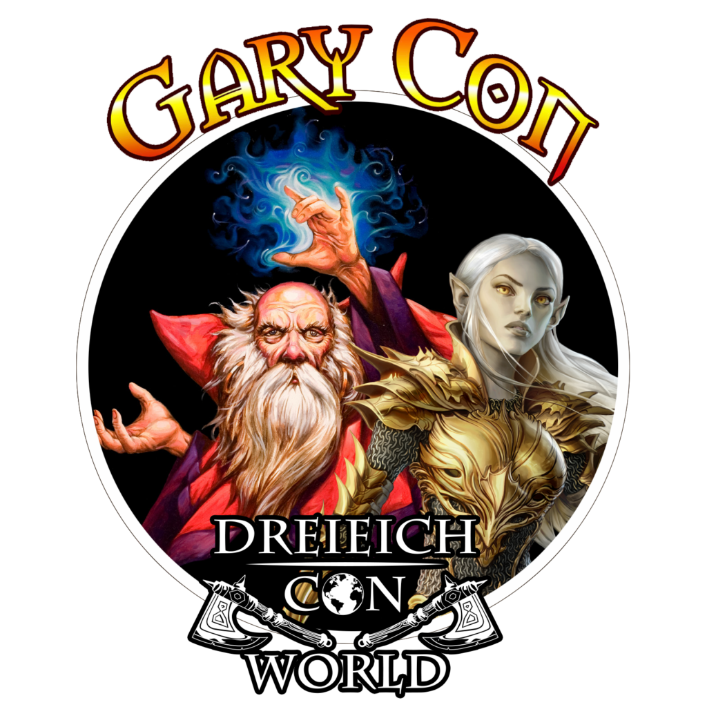 Verschwisterungslogo GaryCon und DreieichCon World. Gezeigt sind ein Zauberer für die GaryCon und die Elfe der DreieichCon gemeinsam in einem Rund mit den jeweiligen Schriftzügen der beiden Cons.